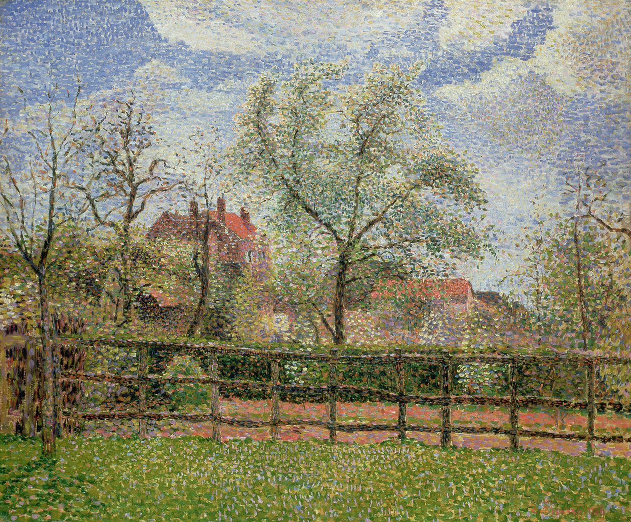Päärynäpuut ja kukat Eragnyssa, Aamu, 1886 tekijältä Camille Jacob Pissarro