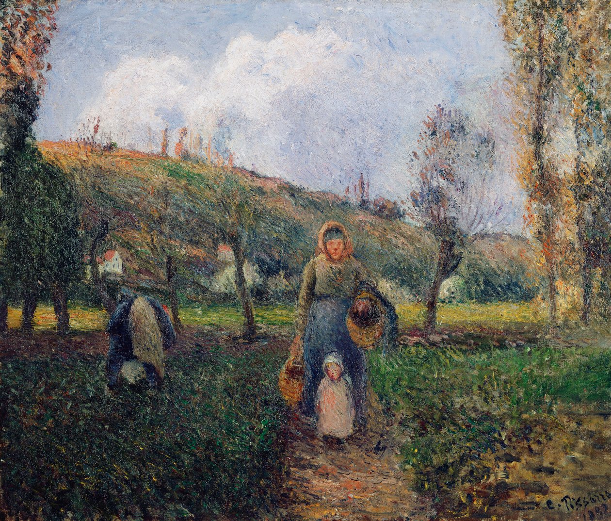 Talonpoika ja lapsi palaavat pellolta, Pontoise; Talonpojan nainen ja lapsi palaavat pellolta, Pontoise, 1882 tekijältä Camille Jacob Pissarro