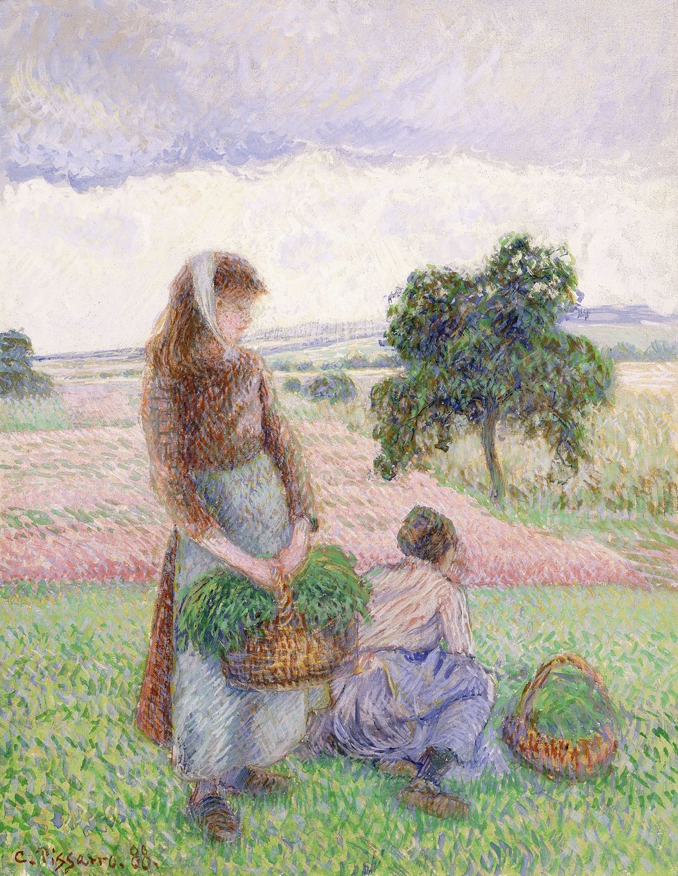 Talonpojat kantavat tennareita; Talonpoikanainen koria kantamassa, 1888 tekijältä Camille Jacob Pissarro