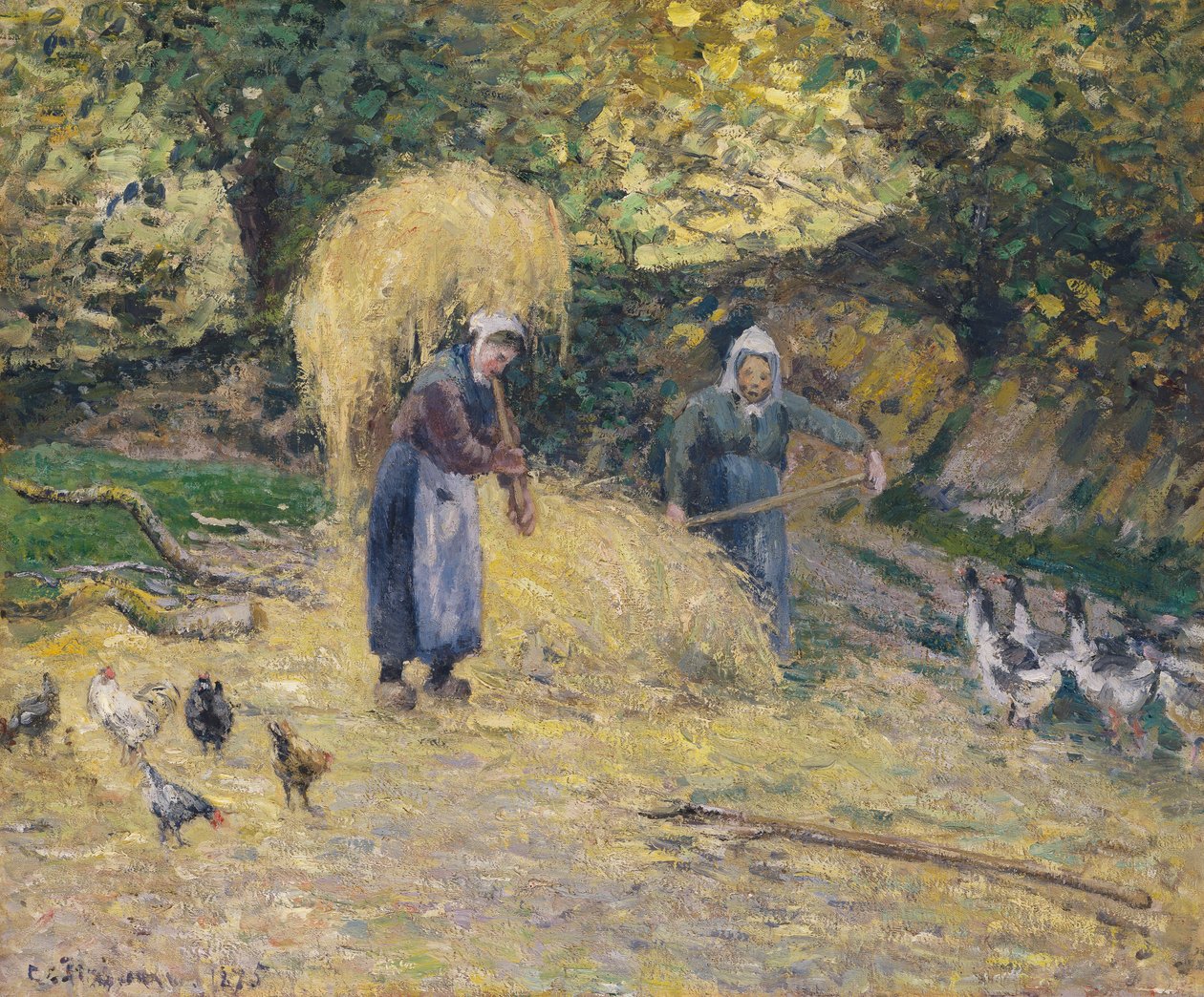 Talonpoikien olkia heiluttavat, Montfoucault, 1875 tekijältä Camille Jacob Pissarro