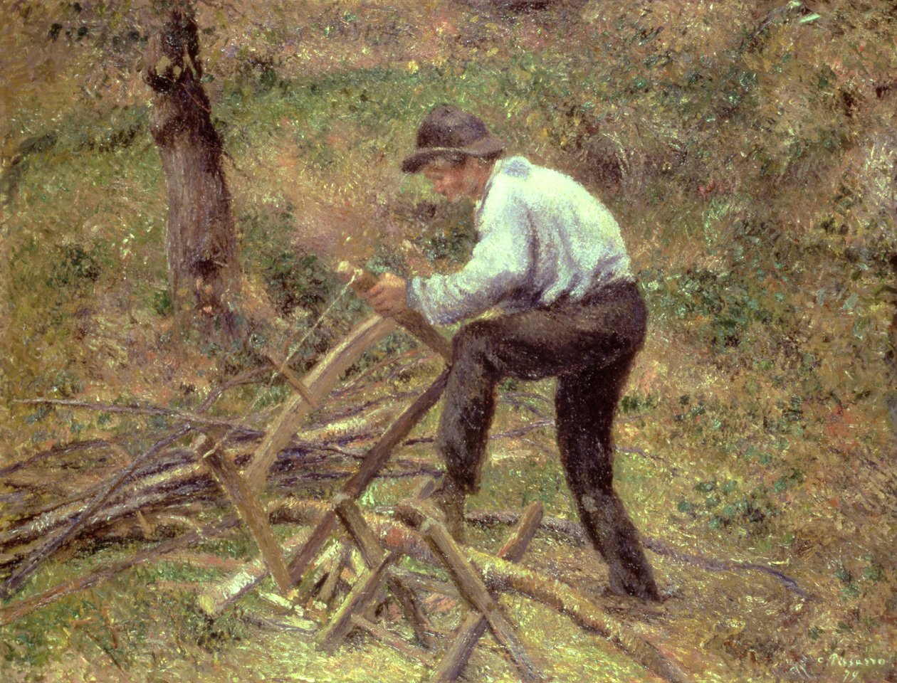 Pere Melon Sawing Wood, Pontoise, 1879 tekijältä Camille Jacob Pissarro