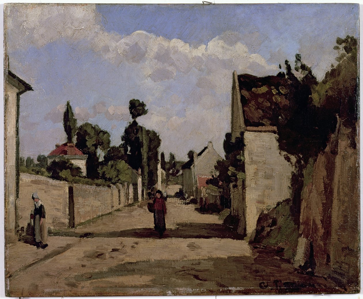 Rue de lHermitage, Pontoise, n. 1867 (öljy kankaalle asennettuna paneeliin) tekijältä Camille Jacob Pissarro