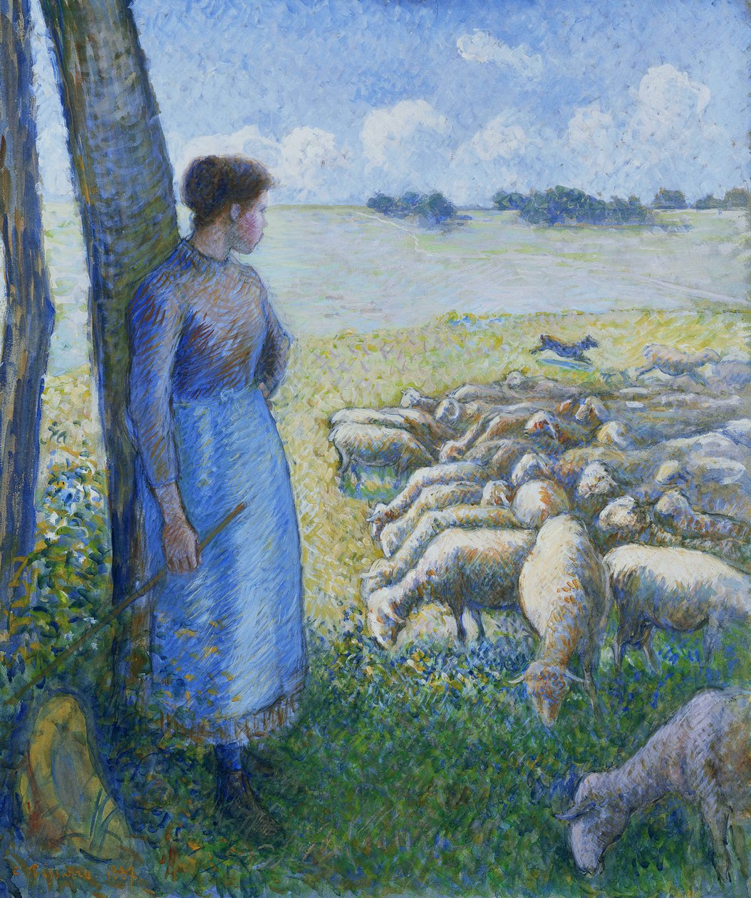 Paimentar ja lampaat; Bergere et Moutons, 1887 tekijältä Camille Jacob Pissarro