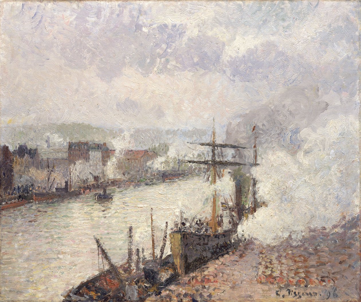 Höyrylaivoja Rouenin satamassa, 1896 tekijältä Camille Jacob Pissarro