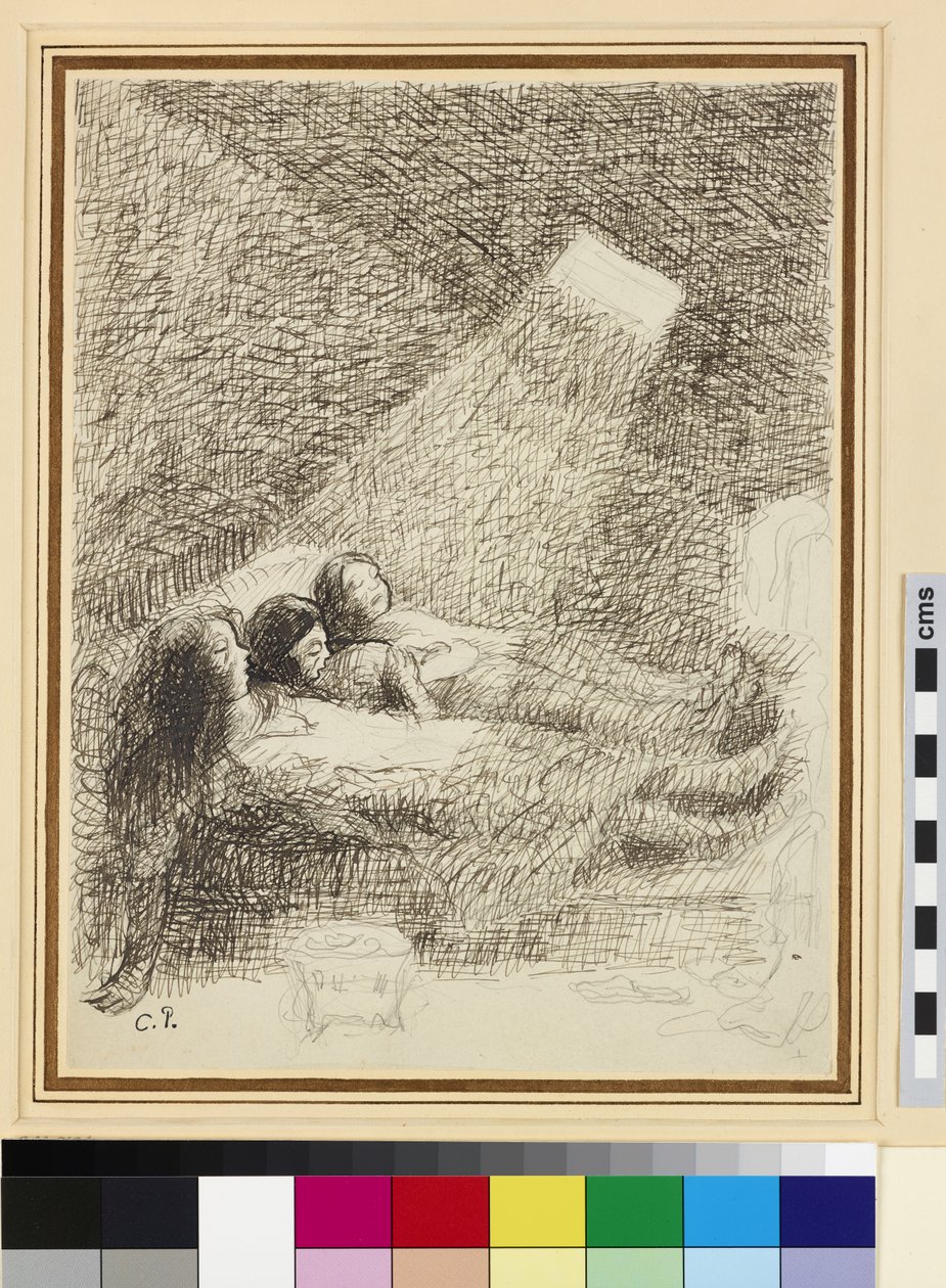 Asphysia-aiheinen luonnos (lyijykynä ja tussi lyijykynällä lasitetulle paperille) tekijältä Camille Jacob Pissarro