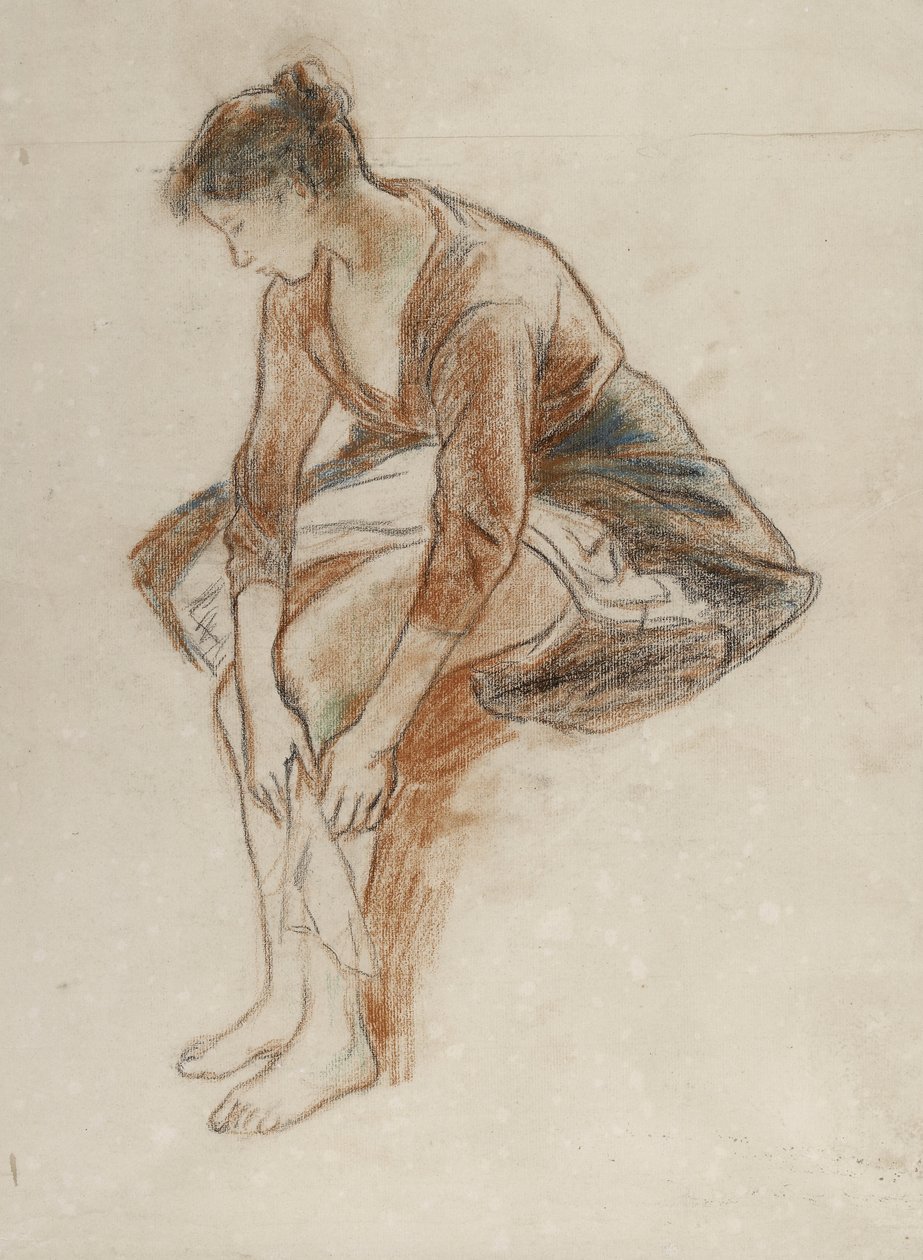 Nuoren naisen tutkimus jalkojaan kylpevästä naisesta (väriliidut ja pastelli paperille) tekijältä Camille Jacob Pissarro