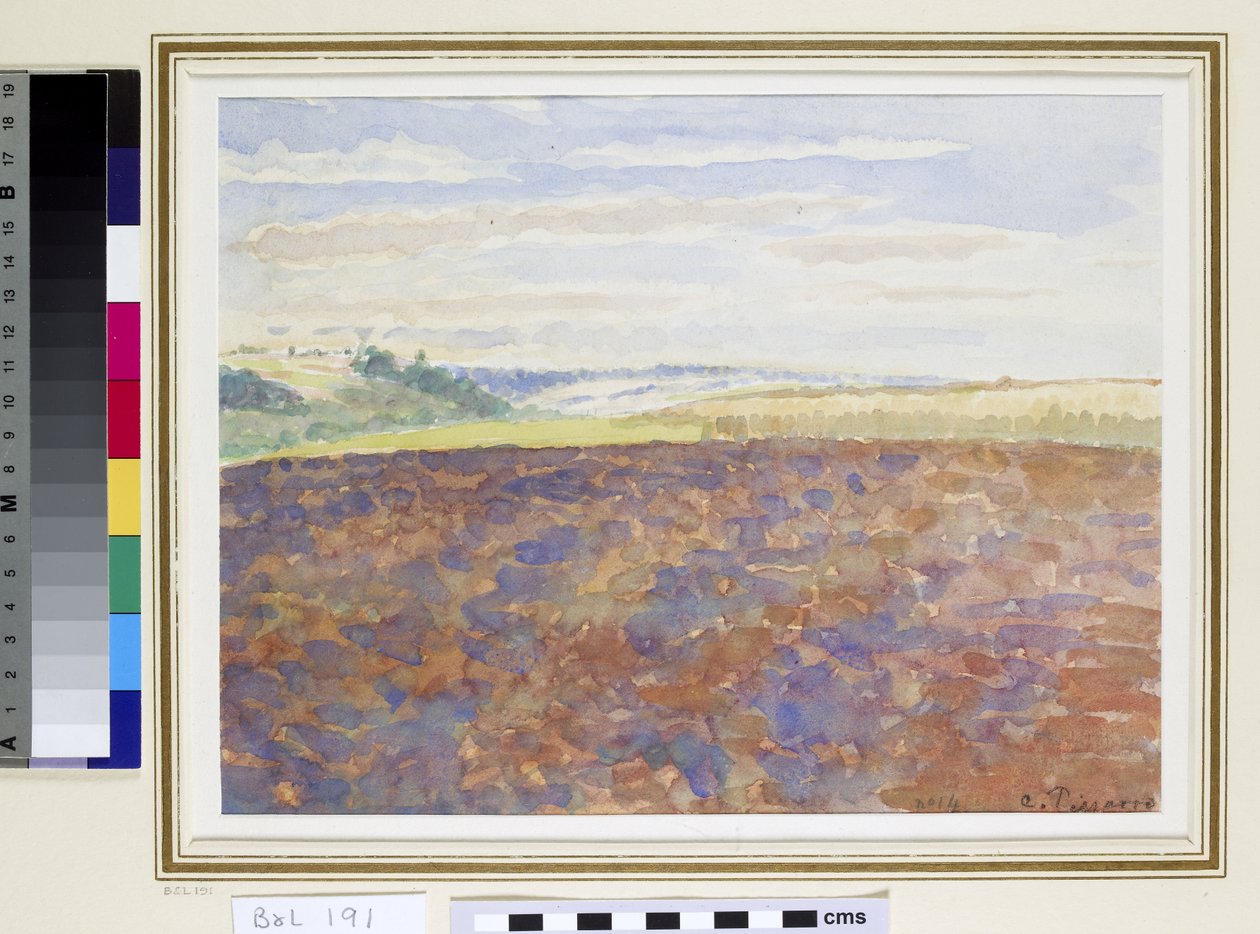 Tutkimus maisemasta, jossa on kynnetty pelto, Eragny-sur-Epte, noin 1887-89 (wc paperille) tekijältä Camille Jacob Pissarro