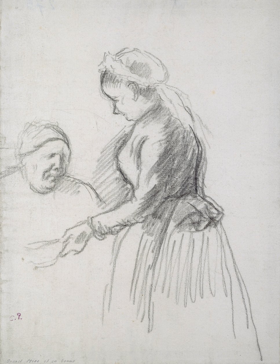 Tutkimus taiteilijan äidistä piikansa kanssa (hiili paperilla) tekijältä Camille Jacob Pissarro