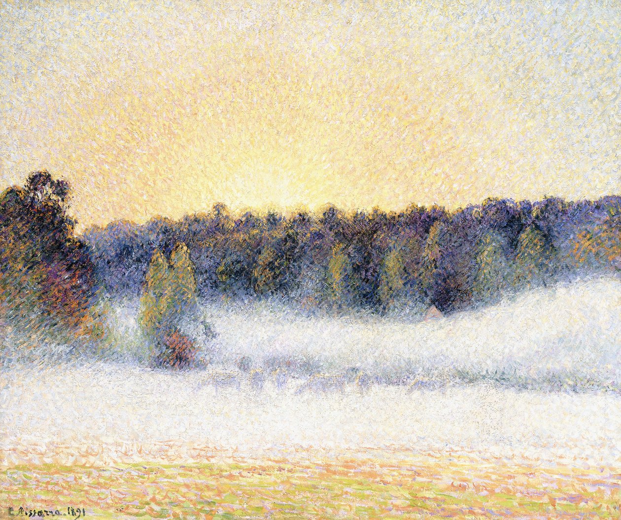 Auringonlasku ja sumu Eragnyssa, 1891 tekijältä Camille Jacob Pissarro