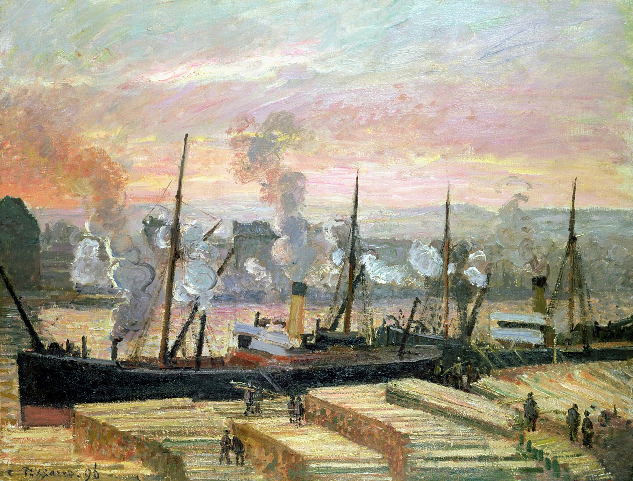 Auringonlasku Rouenissa, Boats Unloading Wood, 1896 tekijältä Camille Jacob Pissarro