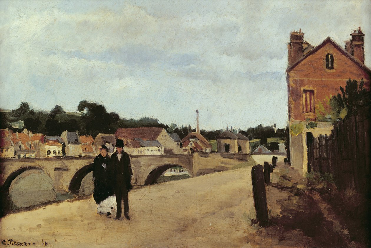 Chemin de lEcluse ja Pontoisen silta, 1867 (öljy kankaalle asennettuna paneeliin) tekijältä Camille Jacob Pissarro
