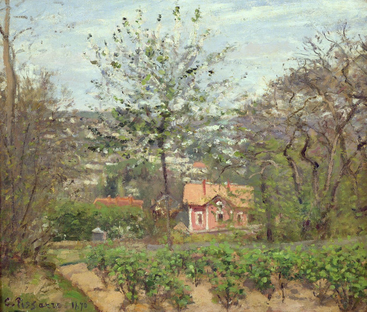 Mökki tai vaaleanpunainen talo - Lentävän sydämen Hamlet, 1870 tekijältä Camille Jacob Pissarro