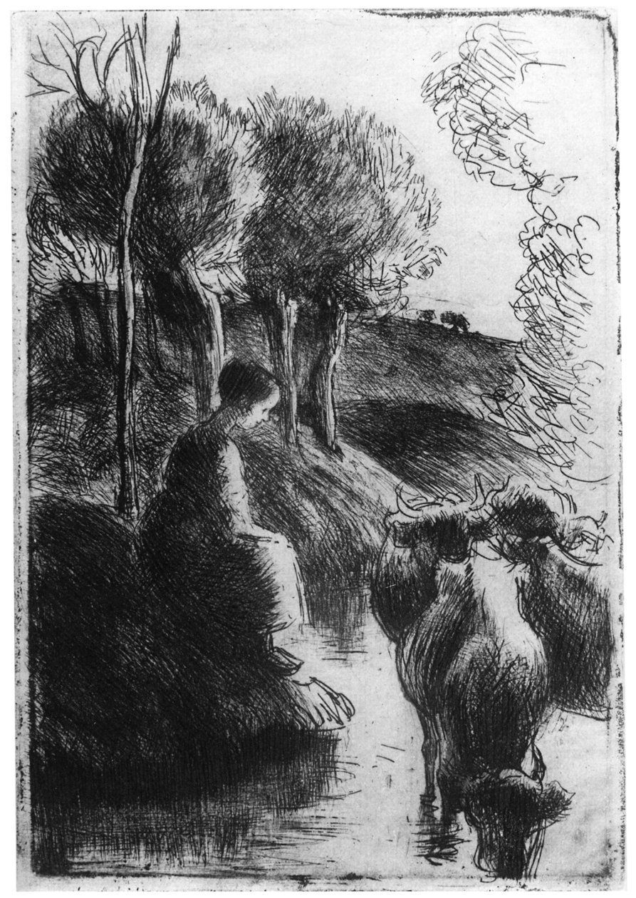 Vachere au Bord de Leau, lehmänpaimen veden äärellä, c1850-1900 1924 tekijältä Camille Jacob Pissarro