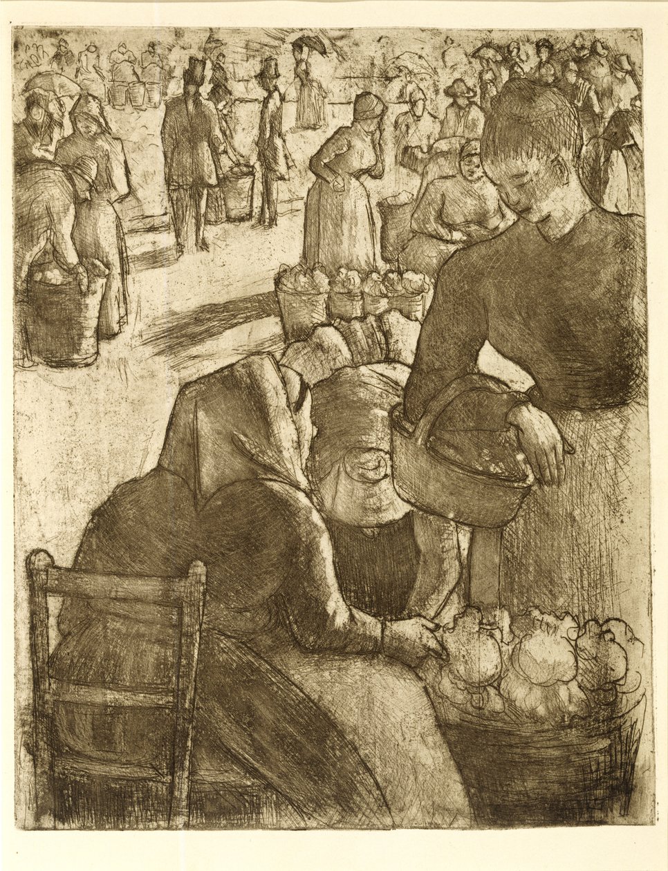 Pontoisen vihannestori, 1891 (pehmeä jauhettu etsaus ja akvatinta) tekijältä Camille Jacob Pissarro