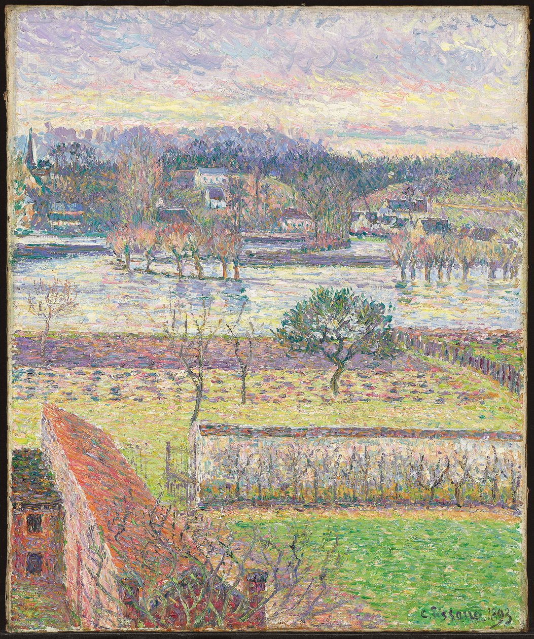 Näkymä ikkunastani, tulva, ilta, Eragny; Näkymä ikkunastani, tulva, iltaefekti, Eragny, 1893 tekijältä Camille Jacob Pissarro