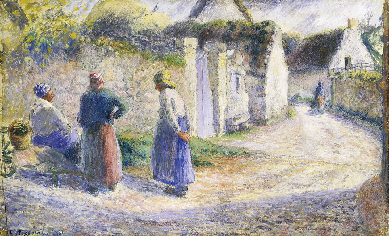 Village Street, jossa on kolme ihmistä oikealla tekijältä Camille Jacob Pissarro