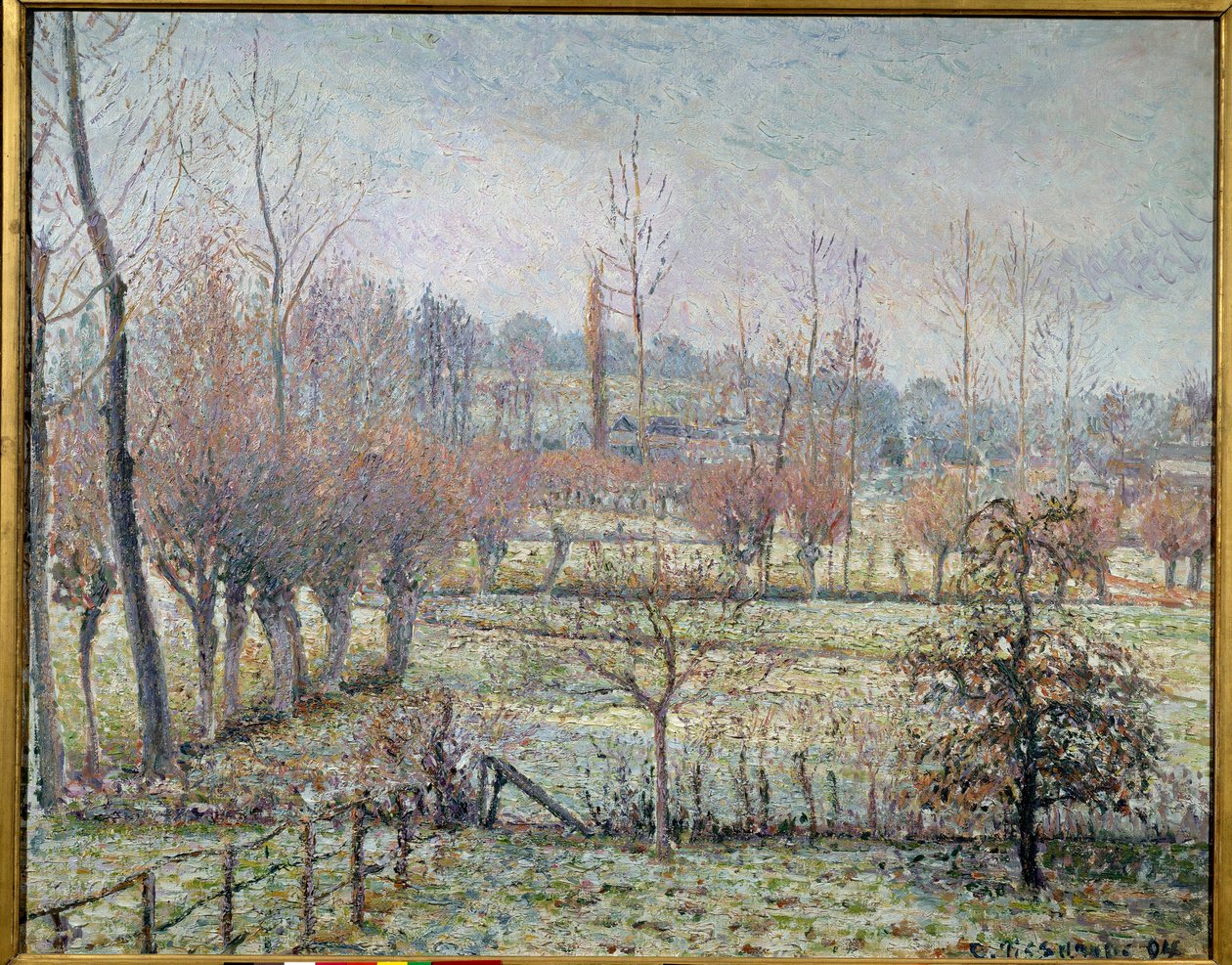 Valkoinen huurre, aamu tai lumiefekti Eragnyssa. Camille Pissarron (1830-1903) maalaus tekijältä Camille Jacob Pissarro