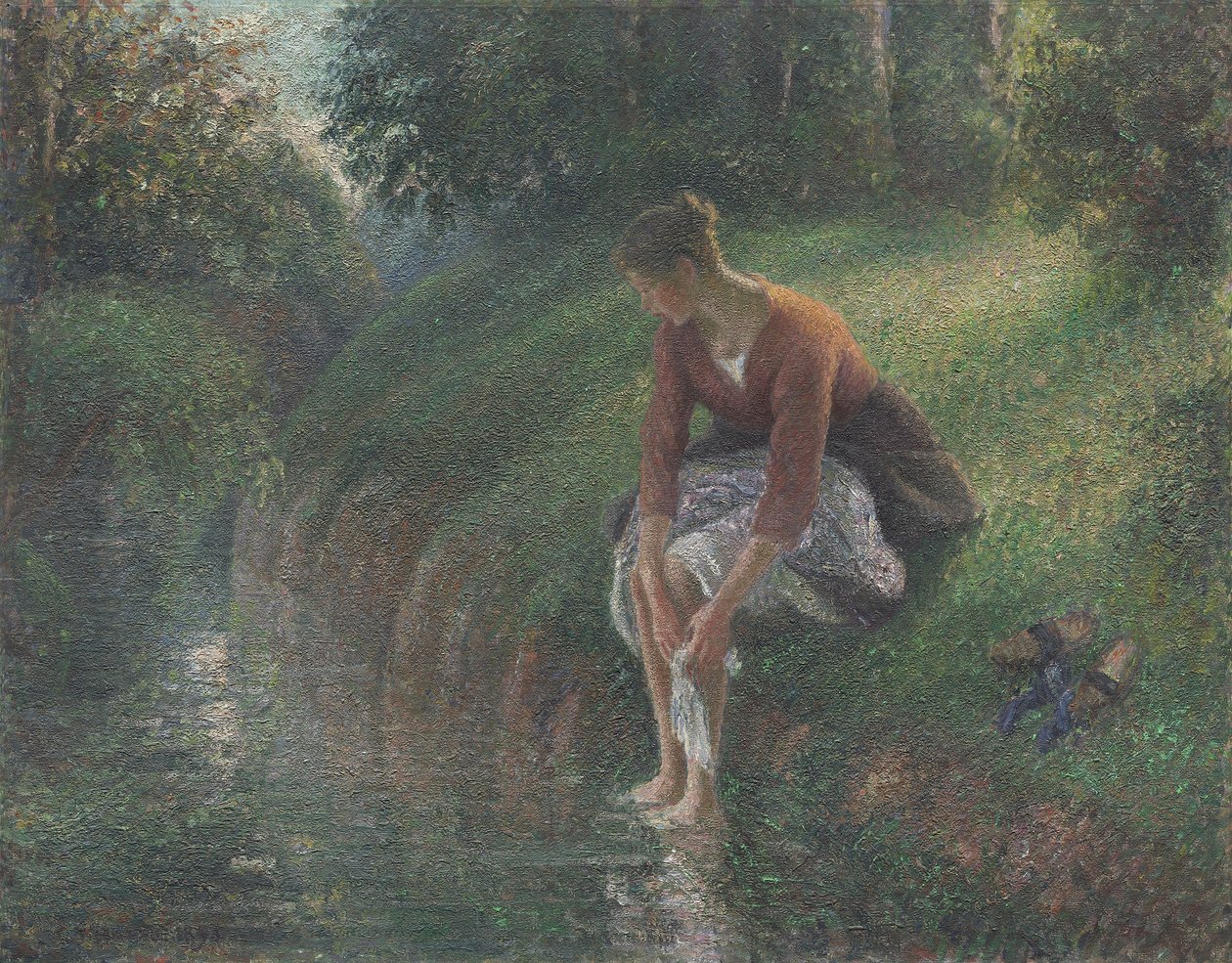 Nainen kylpemässä jalkojaan purossa, 1894-95 tekijältä Camille Jacob Pissarro