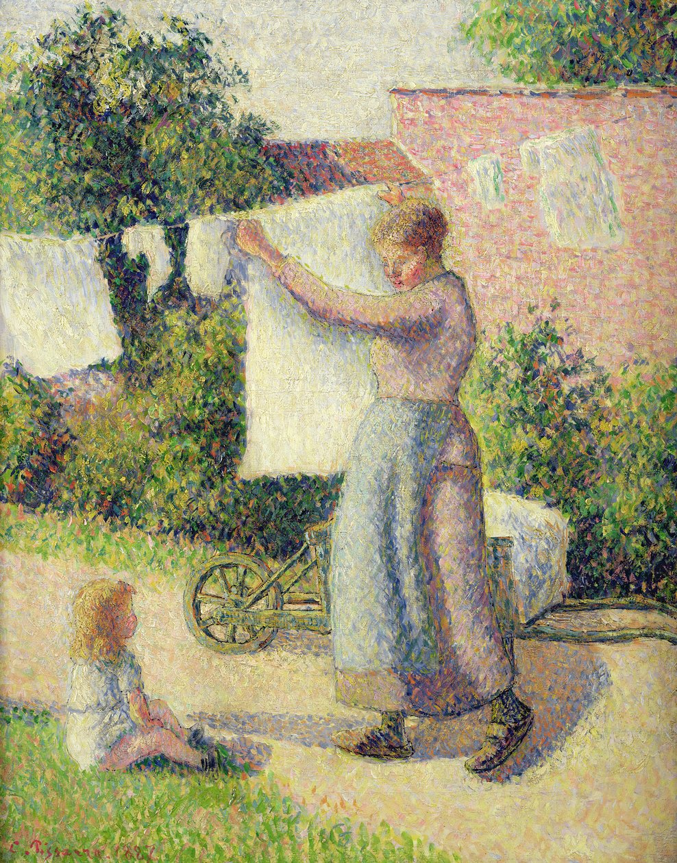 Nainen ripustaa pesun, 1887 tekijältä Camille Jacob Pissarro