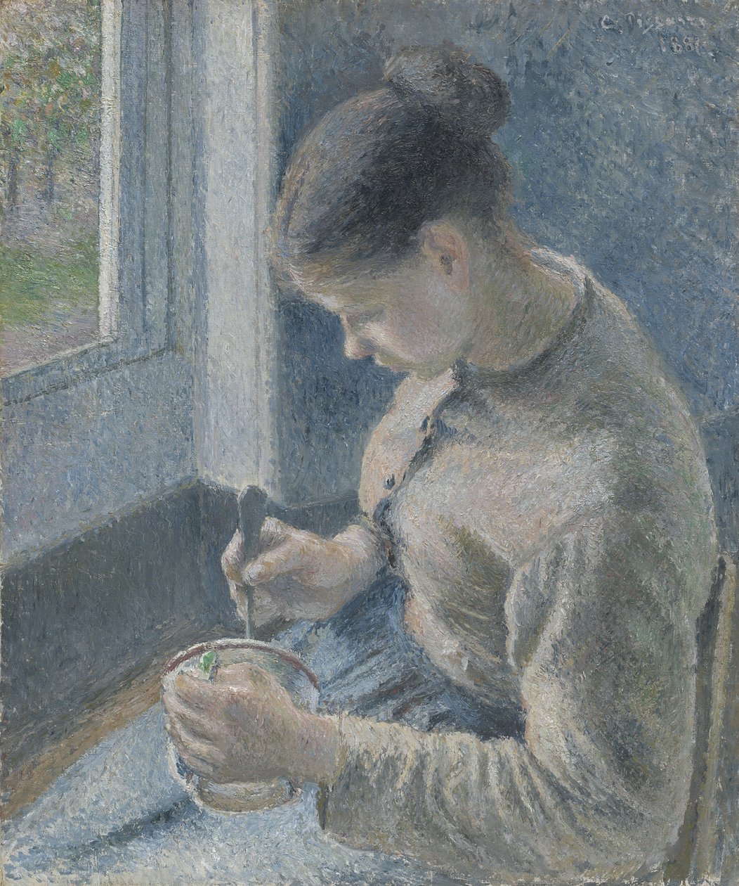 Nuori talonpoika juo kahvia, 1881 tekijältä Camille Jacob Pissarro