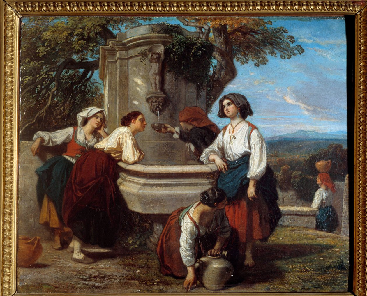 Ossaloisia suihkulähteellä Ossaun laakson viljelijät kokoontuvat keskustelemaan suihkulähteen luona. Camille Roqueplanin (1803-1855) maalaus tekijältä Camille Joseph Etienne Roqueplan
