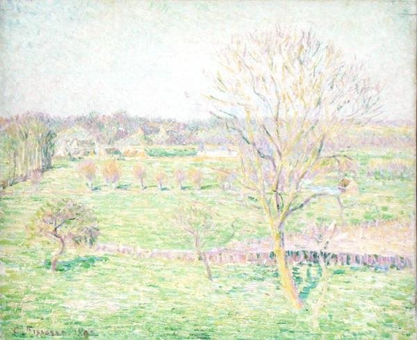 Kenttä, jossa on pähkinäpuu keväällä tekijältä Camille Jacob Pissarro