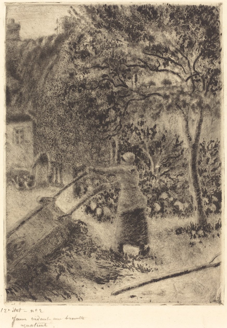 Nainen tyhjentämässä kottikärryä Nainen tyhjentämässä kottikärryä, 1880. tekijältä Camille Pissarro