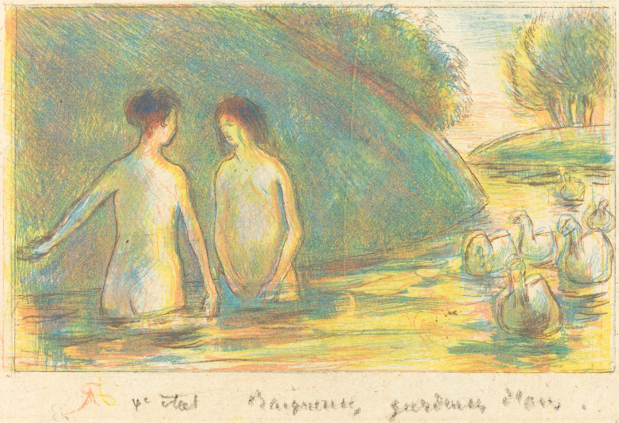 Uimarit, hanhenhoitajat Uimarit hoitavat hanhia, c. 1895. tekijältä Camille Pissarro