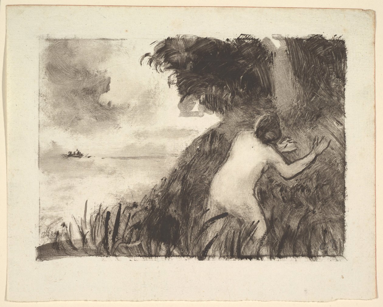 Uimari seisoo ruohojen keskellä rannalla, n. 1894. tekijältä Camille Jacob Pissarro