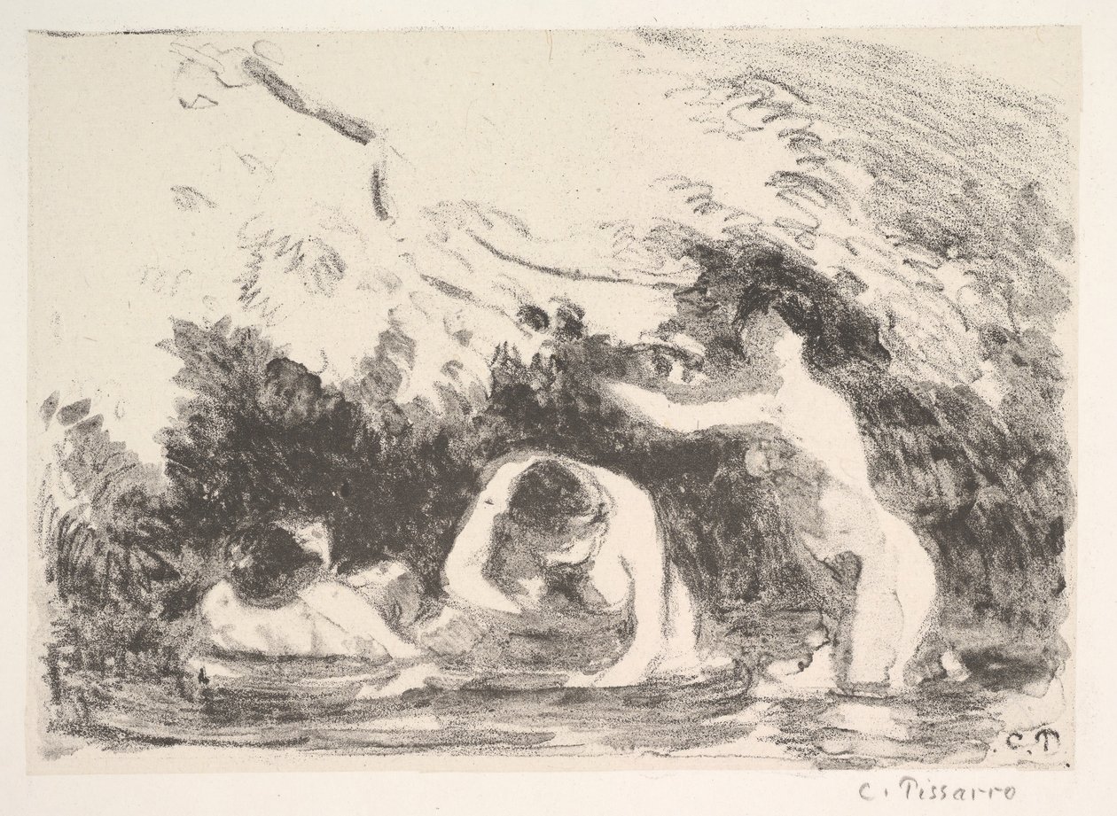 Kylpejät metsäisten rantojen varjossa, 1894. tekijältä Camille Jacob Pissarro
