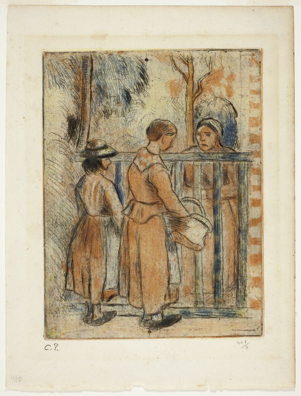 Kerjäläisnaiset, n.1894 (värikaiverrus, kuivapiste ja akvatintta norsunluun paperille). tekijältä Camille Pissarro