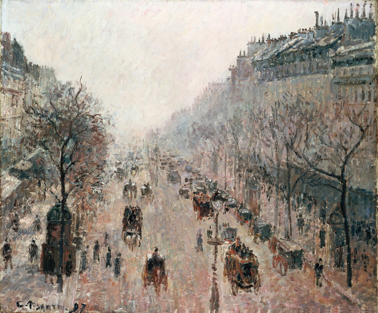 Boulevard Montmartre sumuisena aurinkoisena aamuna, 1897 tekijältä Camille Jacob Pissarro