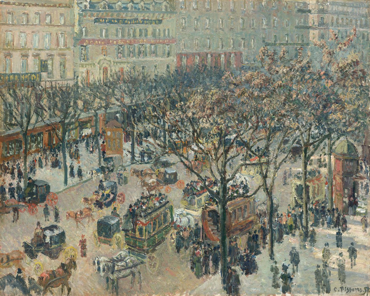 Boulevard des Italiens, aamu, auringonvalo tekijältä Camille Pissarro
