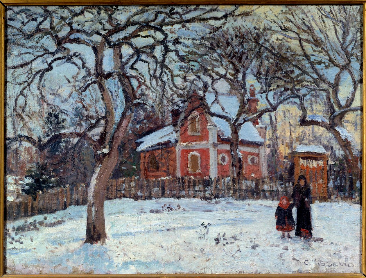 Kastanja ja Louveciennen maisema lumessa. Camille Pissarron (1830-1903) maalaus 1872 Su. 0,41x0,52 m Pariisi, musee d