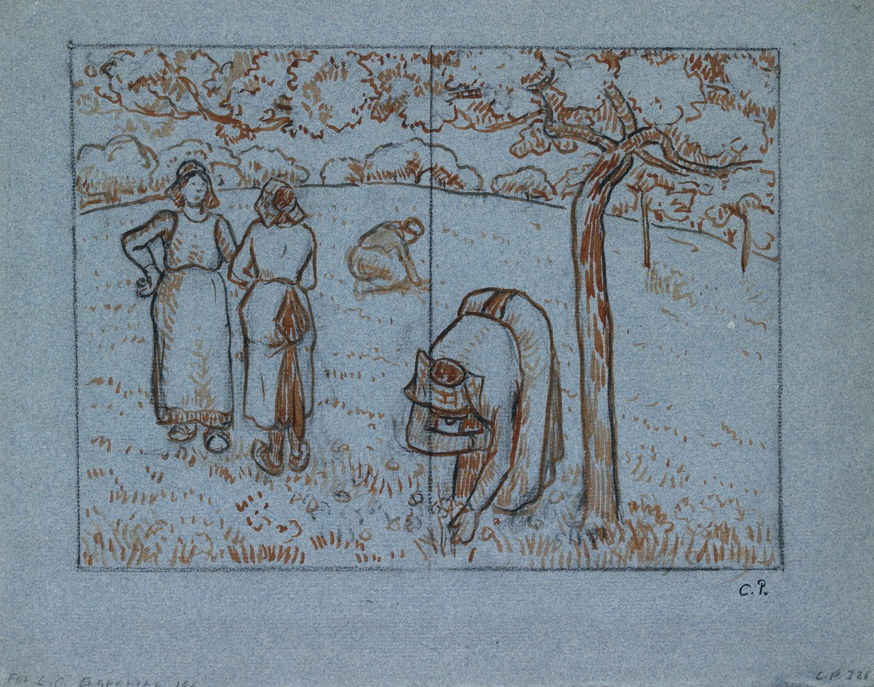 Koostumustutkimus neljästä naistalonpojasta, jotka työskentelevät hedelmätarhassa "Kevät", c1894 tekijältä Camille Pissarro