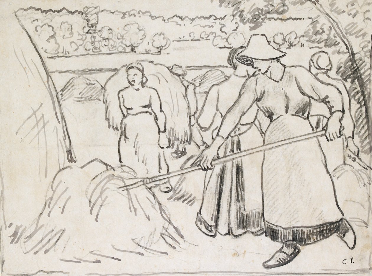 Kompositiotutkimus harvestereista maisemassa, c1893 tekijältä Camille Pissarro