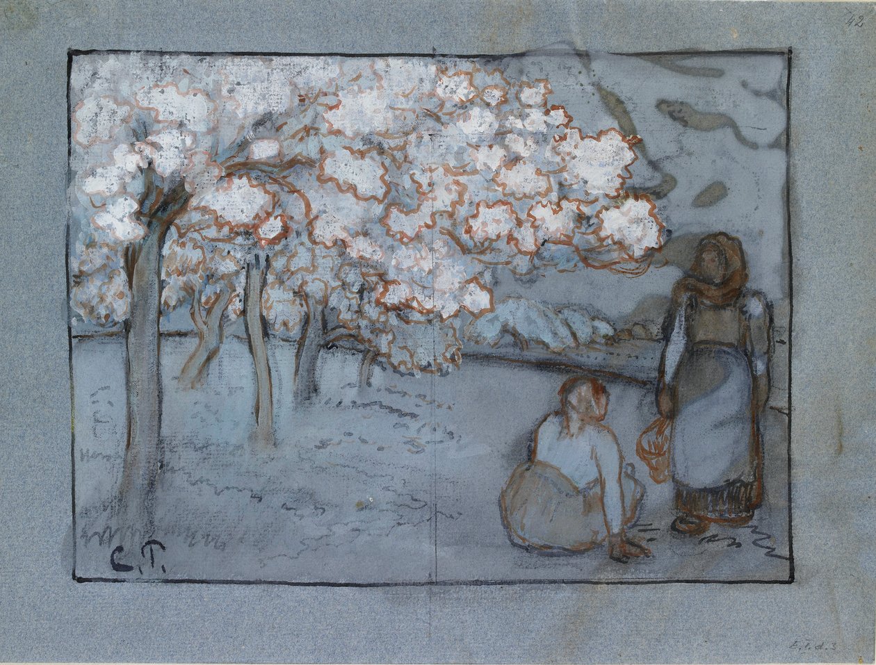Sävellystutkimus kahdesta naistalonpojasta, jotka keskustelevat hedelmätarhassa, c1894 tekijältä Camille Pissarro