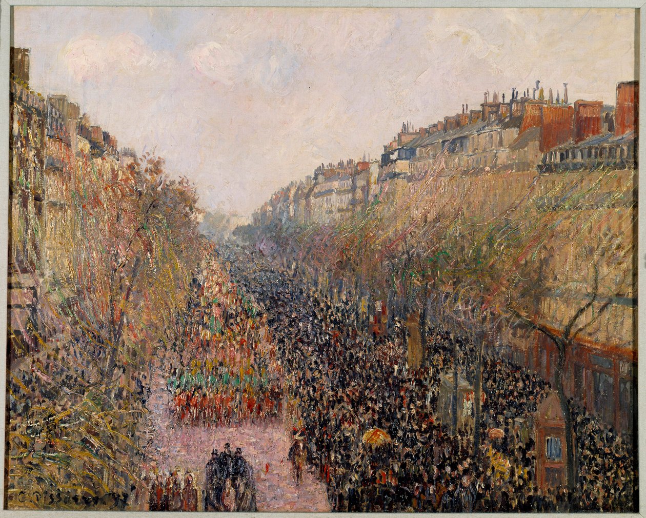 Mardi Gras -päivä Boulevard Montmartrella Pariisissa vuonna 1897 Camille Pissarron (1830-1903) maalaus 1897 Los Angeles. Hammer museo tekijältä Camille Jacob Pissarro