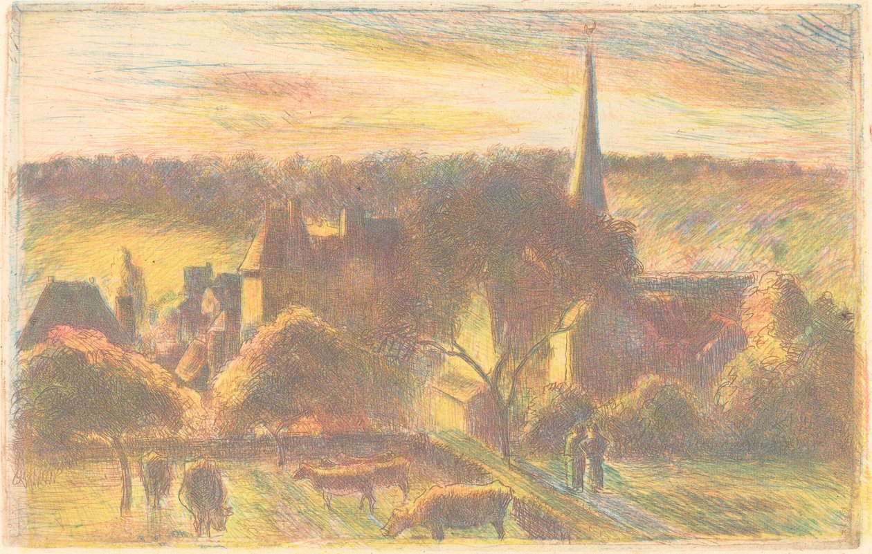 Kirkko ja maatila Éragnyssa (kirkko ja maatila Éragnyssa) tekijältä Camille Pissarro