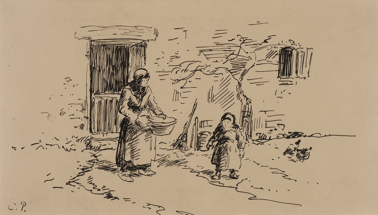 Maatilakuva (tussi ja muste paperille) tekijältä Camille Pissarro