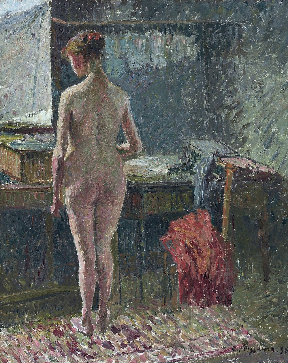 Alaston nainen selkä sisätiloihin päin tekijältä Camille Pissarro