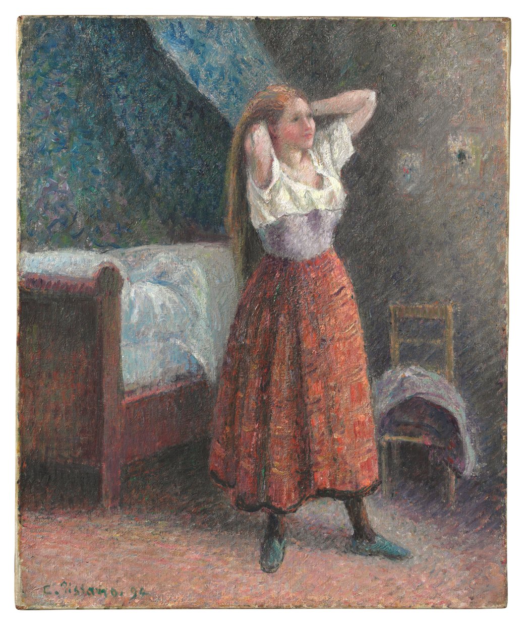 Nainen muotoilee hiuksiaan tekijältä Camille Pissarro
