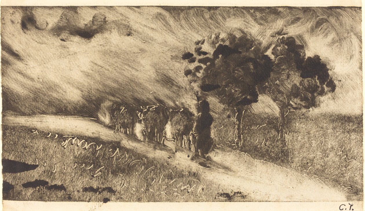 Lehmien paimentaminen hämärässä tekijältä Camille Pissarro