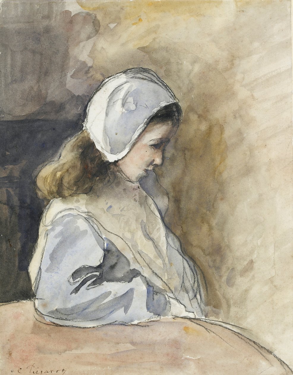 Jeanne-Rachel Pissarro istuu pöydän ääressä, v. 1872 tekijältä Camille Pissarro