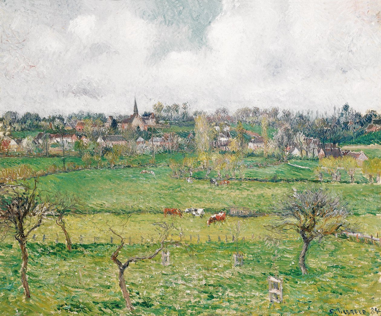 Kotava:  "Wiks va Bazincourt (trutca ke Pissarro)"
French:  Vue de Bazincourt tekijältä Camille Pissarro