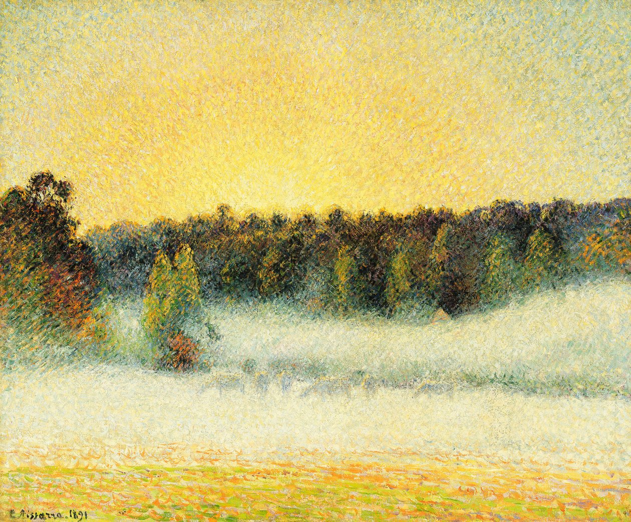 Sumuinen auringonlasku Eragnyssa tekijältä Camille Jacob Pissarro