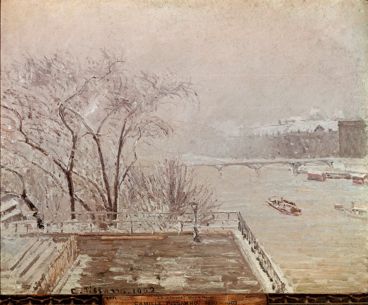 Aamu Louvressa, lumiefekti. Camille Pissarron (1830-1903) maalaus 1902. Öljy kankaalle. Mitat: 65 x 81 cm. Lontoo, National Gallery tekijältä Camille Jacob Pissarro