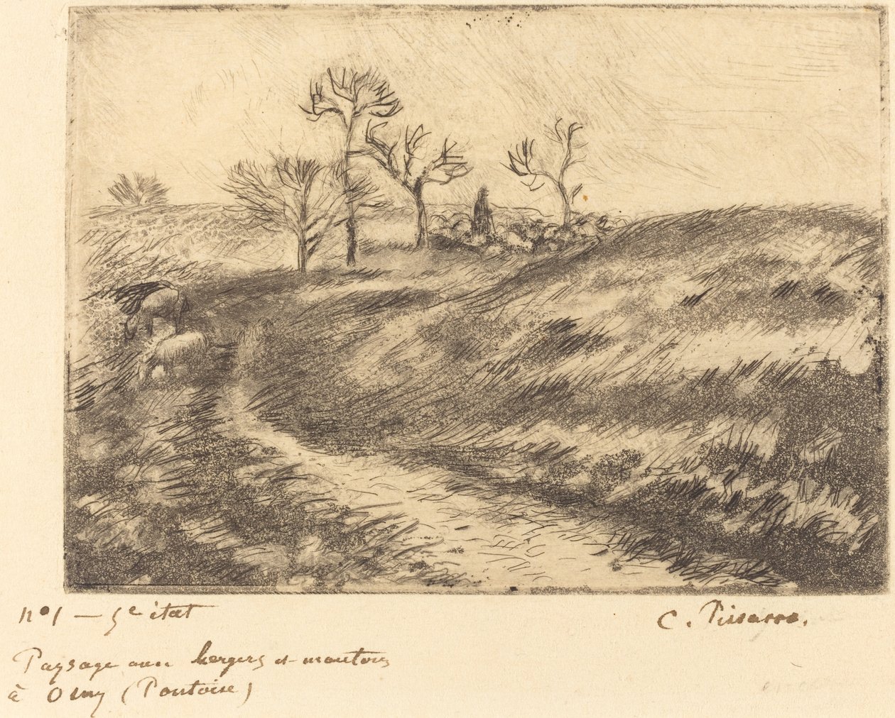 Maisema paimenen ja lampaiden kanssa Osnyssa (Pontoise) tekijältä Camille Pissarro