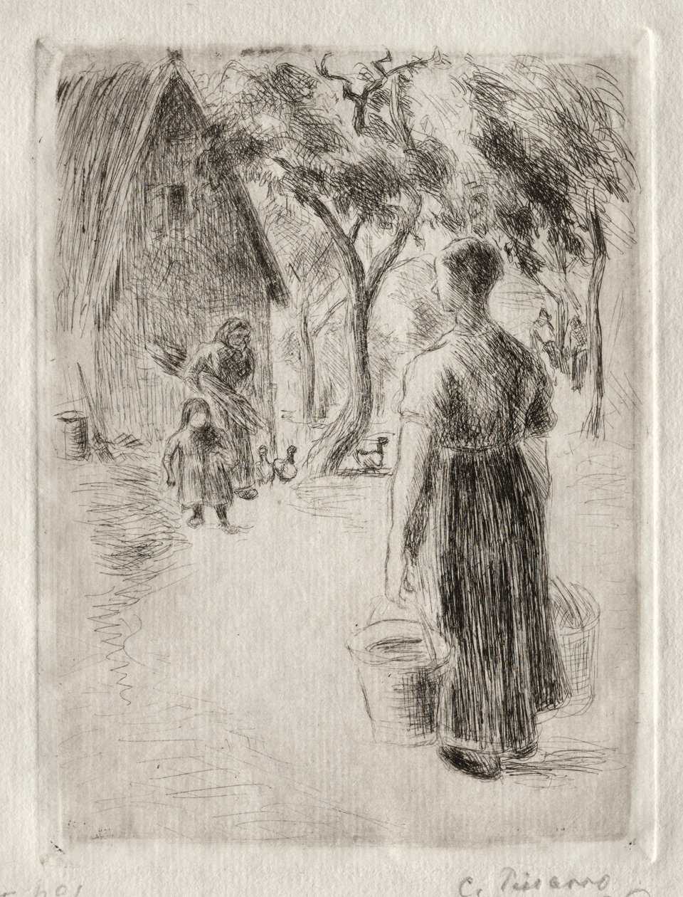 Talonpoikanainen kantamassa kauhoja tekijältä Camille Pissarro