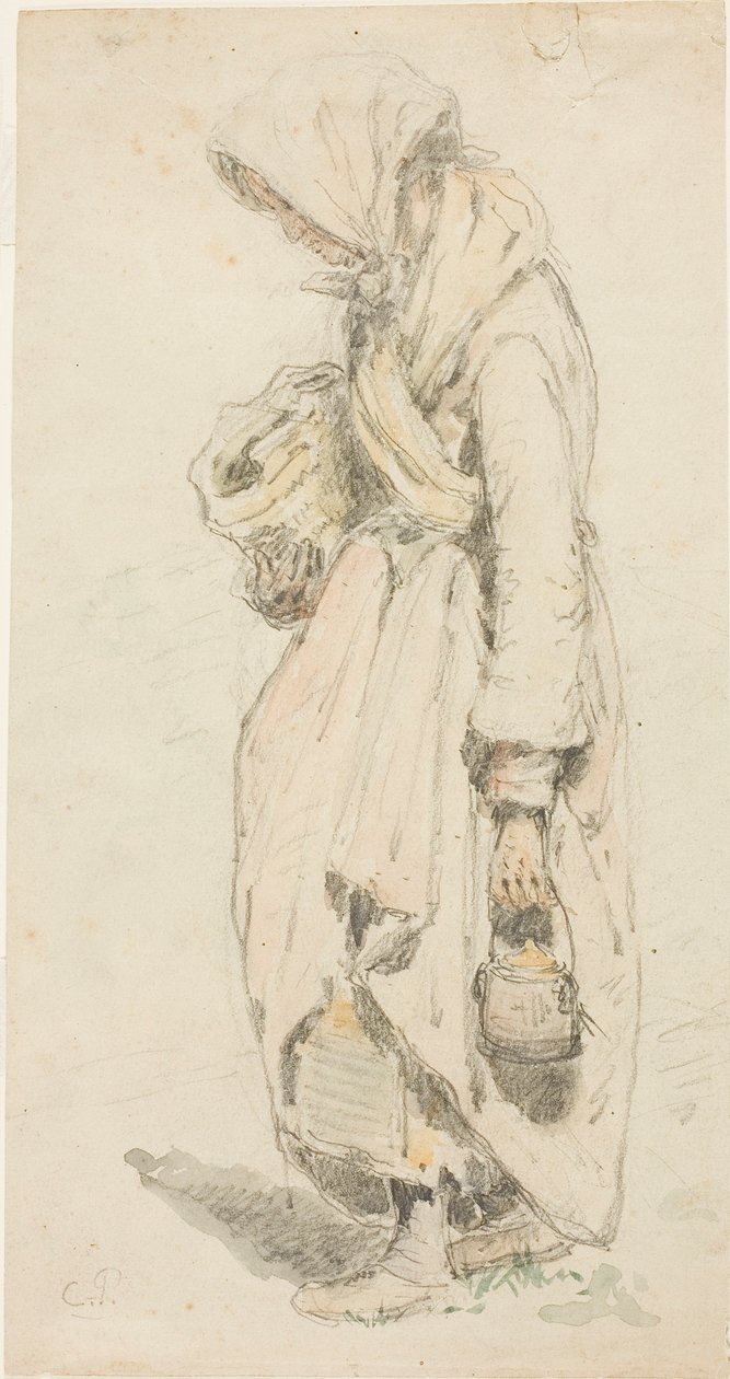 Talonpoikaisnainen (etusivu); poika kalastusvavan kanssa (kääntöpuoli). tekijältä Camille Pissarro